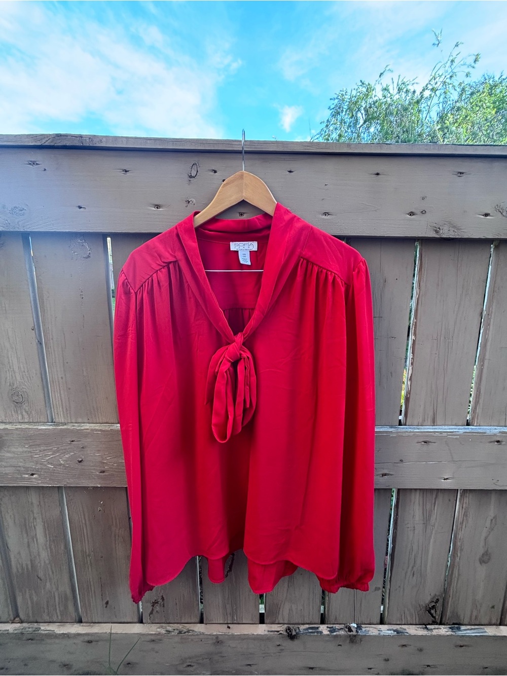 Red Tie-Neck Long Sleeve Blouse - Elegant Draped Silhouette